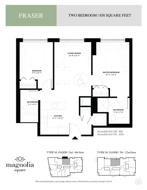 Floor plan for 2 beds, 2 baths, 860 sqft